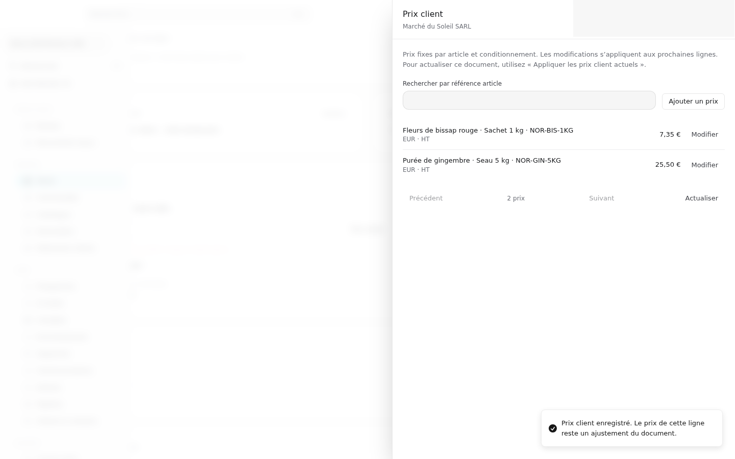 Customer pricing drawer showing the updated permanent item price